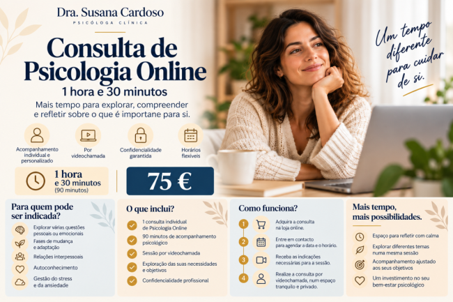 Consulta de Psicologia Online — 1 hora e 30 minutos